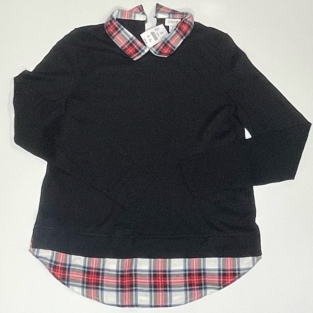 NWT Women’s Sweater Shirt, Black with plaid mock under-oxford, Size Small